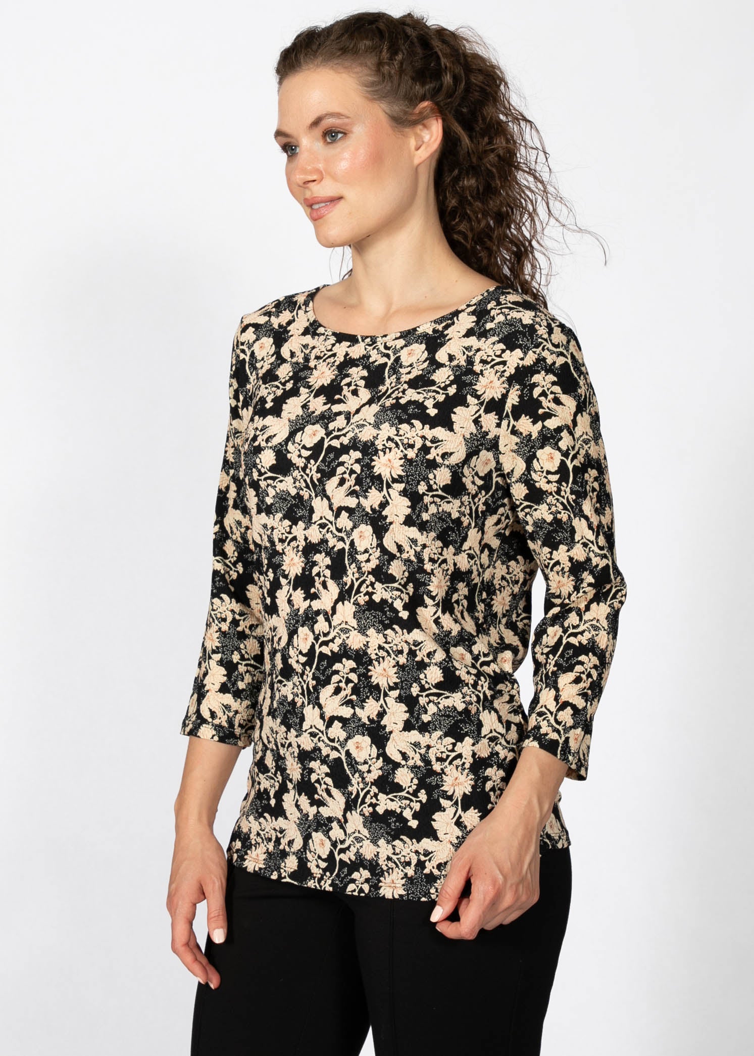 Haut en Tricot Florale à Manches 3/4