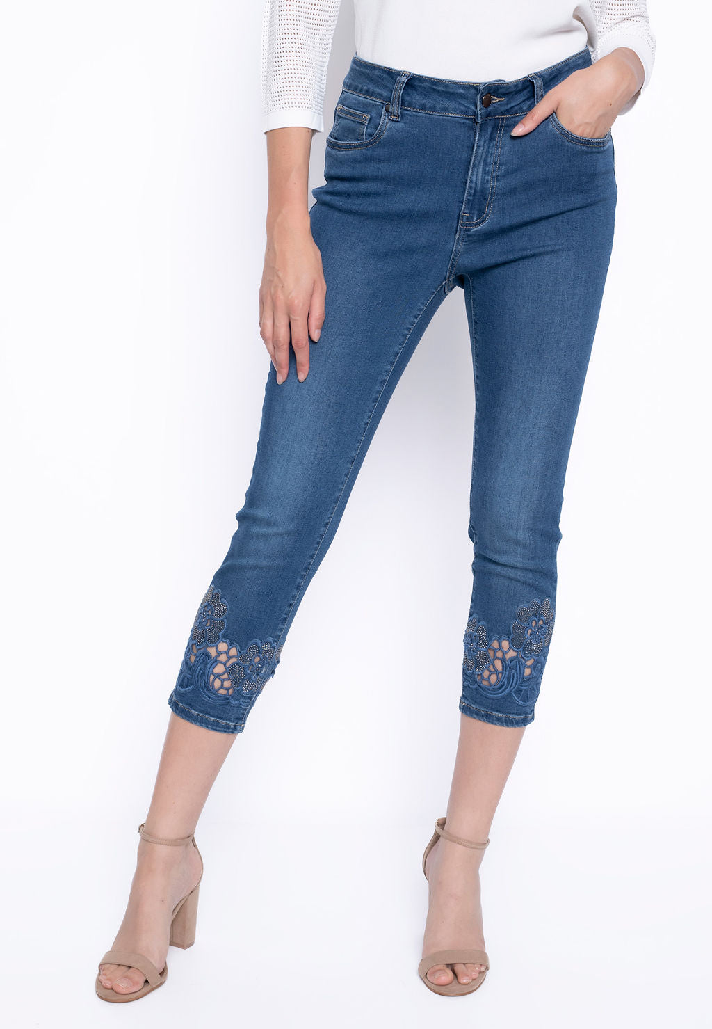 PICADILLY EMBELLISHED CUT OUT EMBROIDERED DENIM PANTS